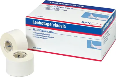 A box of Leukotape classic and two rolls of tape.