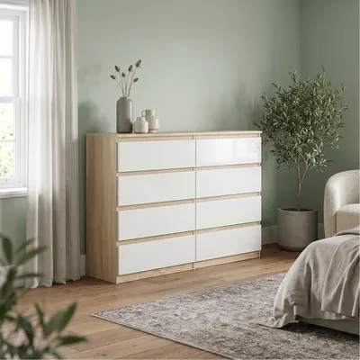 Produktbild von Masseno Kommode NUDO 138,5 cm Sideboard mit 8 Schubladen und  Türen für Wohnzimmer Schlafzimmer Modern 138,5x39x101,5 cm Sonoma Eiche / Weiß