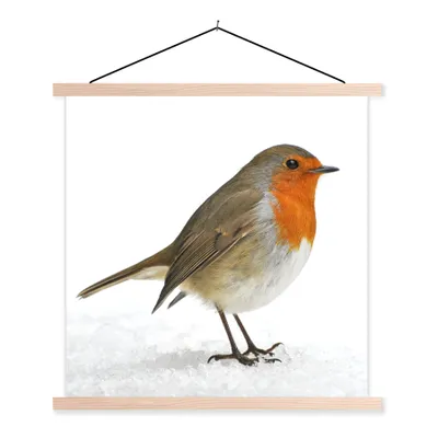 Produktbild von MuchoWow® Textilposter Rotkehlchen - Schnee - Weiß 40x40 cm mit holzfarbenen Rahmen - Posterleiste
