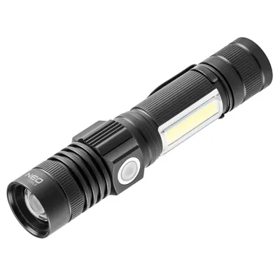 Image de NEO TOOLS Lampe de poche rechargeable 2 en 1 10W, max 800 lumens, portée 150m, LED Cree T6 + COB, IP20, batterie 2000mAh 3.7 Li-ion, câble USB, 4 fonctions d'éclairage 100%, 50%,lampe latérale, stroboscope