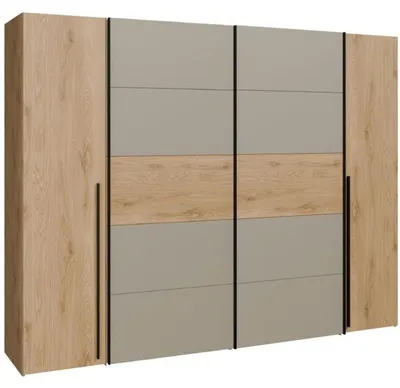 Image de Armoire de chambre - NARAGO -Reproduction Chene et Taupe - 2 portes coulissantes + 2 portes battantes - L270 x P61 x H210 cm