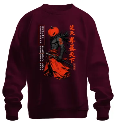 Obrázek produktu pro Halloween, samuraj, dýně, hlava, japonský motiv, Y2K, ronin, mikina, svetr, vínová barva, velikost 3XL