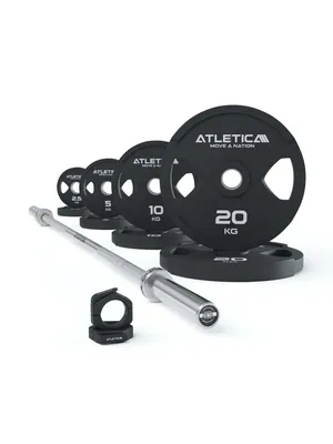 Produktbild von ATLETICA Langhantel Set | Zeta Space | Zeta Hybrid Hantelstange 1880 mm | 32 cm geringere Länge ideal für kleine Räume | 75 kg Dual-Gripper Plates | Slim Collars