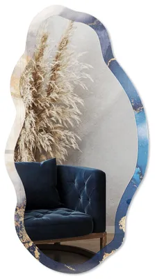 Produktbild von Dekorativer Wandspiegel mit Print, organische asymmetrische Form, 90x45 cm, moderner Designspiegel für Wohnzimmer, Flur und Schlafzimmer - Abstraktionsflecken, KI-generiertes Bild