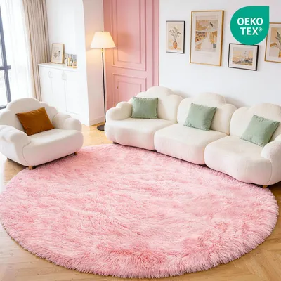 Produktbild von Runder Teppich 120 cm, rosa, hochflor, waschbar, rutschfest, für Schlafzimmer