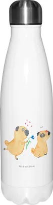 Produktbild von Mr. & Mrs. Panda Wasserflasche Mops Verliebt - Weiß - Geschenk, Partner, Thermos, Knuffig, Liebe, Hund, Trinkflasche, thermobehälter, Sprüche, Thermosflasche