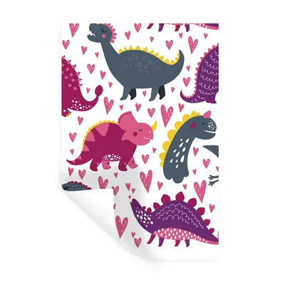 Produktbild von MuchoWow® Wandtattoo Wandsticker Wandaufkleber Dino - Herz - Muster - Rosa - Mädchen - Dinosaurier 60x90 cm Selbstklebend und Repositionierbar - Sticker - Dekorfolie