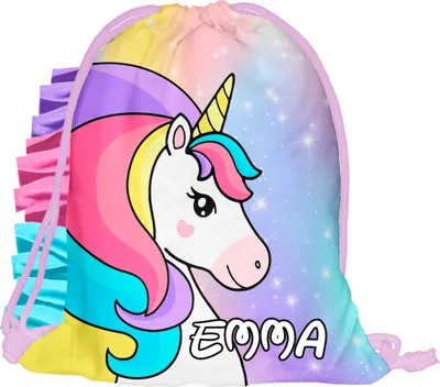 Produktbild von Kinder Turnbeutel mit Namen Bunte Beutel Fullprint Tasche Gymsac 30 x 40 cm Print Bag Fitness Mädchen Unicorn mit Regenbogen Mähne [010]