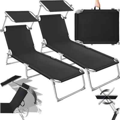 A collage of images showing two black sun loungers with canopies, one folded, and diagrams illustrating features.