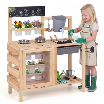 Produktbild von COSTWAY Küchenspielzeug Kinder, Outdoor Spielküche mit Herd, Spüle, Wassertank,Pflanztöpfen&Kreidetafel,Holz Gartenspielzeug Kinderküche für Kinder 3+