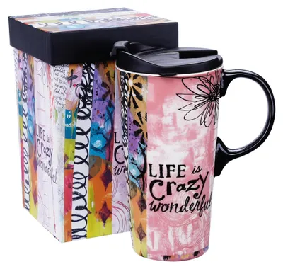 Keramik-Kaffeetasse mit Deckel 500 ml Blumenmuster