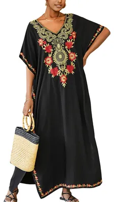 Image de Robe longue style kaftan, noire, avec broderie florale, taille unique