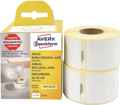 Produktbild von Avery Zweckform AS0722370, Rollen-Etiketten, 28 x 89 mm, 260 Etiketten / 2 Rollen, weiß