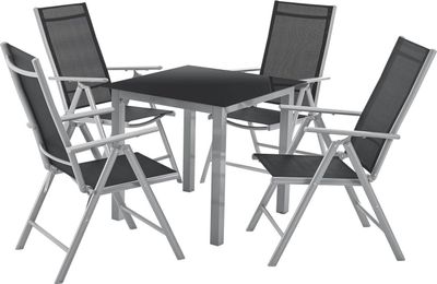 Juskys Aluminium Gartengarnitur Milano Gartenmöbel Set mit Tisch und 4 Stühlen Silber-Grau mit schwarzer Kunstfaser Alu Sitzgruppe Balkonmöbel