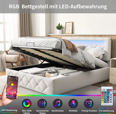 Immagine prodotto di Letto imbottito UnboxG 160x200cm con LED, letto a molle con contenitore e rete a doghe, letto matrimoniale con LED e testata contenitore, letto contenitore per ragazzi, velluto