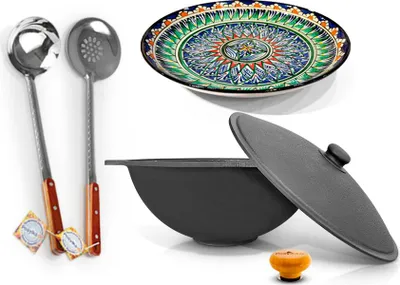Produktbild von Kasan aus Gusseisen, Deckel aus Aluminiumguss, Flacher Boden, 10 l + Lagan Teller Ø 32 cm, Schaumlöffel 48 cm, Suppenkelle 48 cm, Griff für Kessel