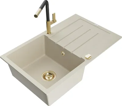 Immagine prodotto di Mexen Bruno lavello in granito 1-vasca con sgocciolatoio e rubinetto da cucina Flora, beige - 6513-69-670401-57-G