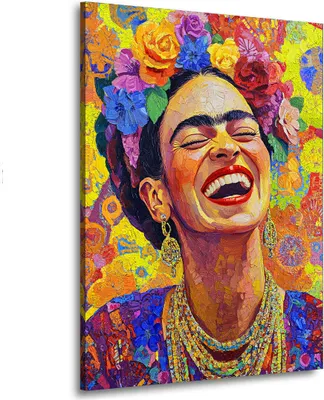 Produktbild von Frida im Porträt mit Blumen und Lächeln abstrakt Pop Art Stil Leinwandbild Wanddeko: 75x100x4cm