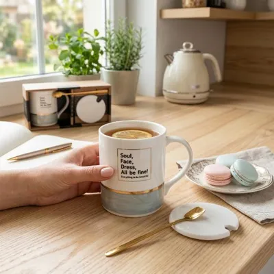 Imagen del producto de Taza de porcelana con tapa y cuchara, marca Florina Perlblauer, capacidad de 350 ml