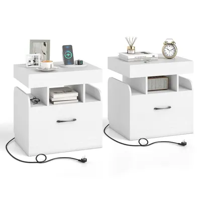 Obrázok produktu pre COSTWAY 2 nočné stolíky, nočný stolík, stolík pod pohovku s nabíjacou stanicou, 2 zásuvky, 1 USB, 1 konektor typu C, zásuvka a tajná priehradka, 50 x 40 x 55 cm