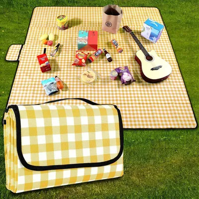 Produktbild von Picknickdecke 200x200 cm wasserdicht gelb kariert waschbar faltbar mit Griff