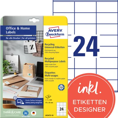 Obrázok produktu pre AVERY Zweckform LR3475-10 240 štítkov biely 70,0 x 36,0 mm