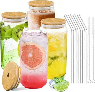 Image de Ensemble de 4 verres Famanu, avec couvercle et paille, capacité de 460 ml