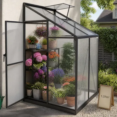 Obrázek produktu pro Skleník UISEBRT, přilehlý ke zdi, rozměry 125x110x195 cm, zahradní skleník s hliníkovým rámem, nastavitelným střešním oknem, vhodný pro pěstování rostlin, plocha 1,37 m²