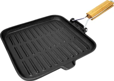 Produktbild von ToCis Big BBQ Gusseisenpfanne mit Holzgriff | runde Grillpfanne Gusseisen mit Riffelung | Gusspfanne Gasgrill geeignet auch Induktion | Gusseisenpfanne Grill | Steakpfanne | Pfanne Gusseisen