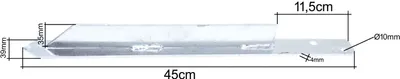 A diagram of a metal ground anchor with dimensions indicated.