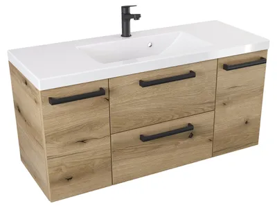 Produktbild von ATHD Wandhängender Waschtischunterschrank mit Waschbecken 100 cm D - Evoke  Matt Eiche - Mattschwarze Griffe