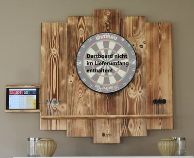 Produktbild von WOODEN Dartboard Surround | Burned Look (Geflammt) | MIT Tablet Halter (Universell) | Premium Dart-Wandschutz & Tablet-Halter (Catchring, Backboard)