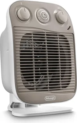A white and gray Delonghi fan heater is shown against a white background.