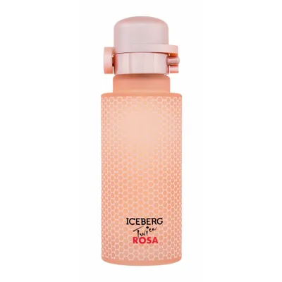 A pink perfume bottle with a honeycomb pattern on a white background.
