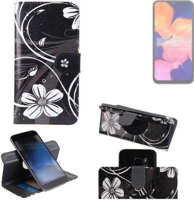 Produktbild von K-S-Trade Schutzhülle Handyhülle kompatibel mit Samsung Galaxy A10 Hülle 360° Wallet Case ''Flowers'' Klapphülle Hülle schwarz-weiß 1x