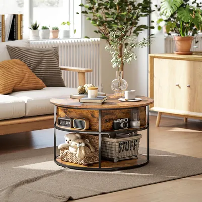 Produktbild von Couchtisch rund mit Hubfunktion, höhenverstellbar, Kaffeetisch mit Stauraum, Braun | 80x80x61,5 cm | Stahlrahmen | Melaminbeschichtung