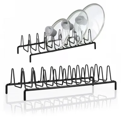 Zdjęcie produktu dla Stojak na pokrywki talerze organizer kuchenny metalowy czarny 33,5x14x9