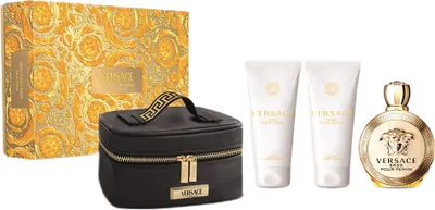 A Versace gift set including a cosmetic bag, two lotions, and a perfume bottle.