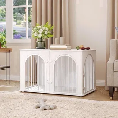 Image de Cage pour chien, modèle meuble, blanche - 102x62x65 cm - Panneaux en bois et structure en acier - Avec trois portes