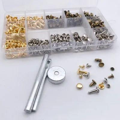 Image de Lot de 300 rivets en cuir à double tête, clous tubulaires en métal avec pince à poinçonner et kit d'outils de fixation pour le bricolage et l'artisanat du cuir