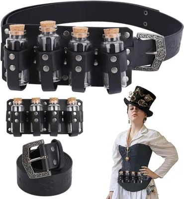 Zdjęcie produktu dla Pasek w stylu średniowiecznym - imitacja skóry - regulowany pasek - 4 butelki "eliksirów" - torba do przechowywania - trwały materiał przypominający skórę - pasek do cosplayu