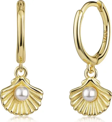 Produktbild von 925 Sterling Silber Creolen Ohrringe vergoldet Muschel mit Perle Material - Silber vergoldet