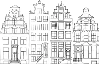 Productafbeelding van ESTAhome fotobehang getekende Amsterdamse grachtenhuisjes zwart en wit 300 x 279 cm