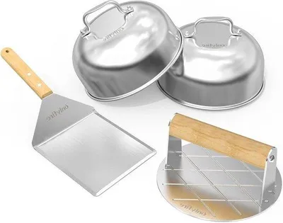 Obrázek produktu pro Sada grilovacího příslušenství z nerezové oceli, 4dílná, s lopatkou, lisem na hamburgery a 2 plechovkami