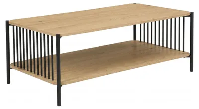 Couchtisch Eiche-Optik 110x60 cm mit Stauraum und schwarzem Metallgestell in Gesamtansicht.