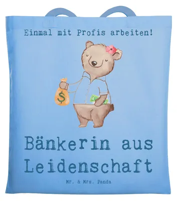 Produktbild von Mr. & Mrs. Panda Schultasche Bänkerin Leidenschaft - Sky Blue - Geschenk, Bankangestellte, Jutetasche, Ausbildung, Spruch, Tote Bag, Tasche, Beutel, Witzig, Lustig