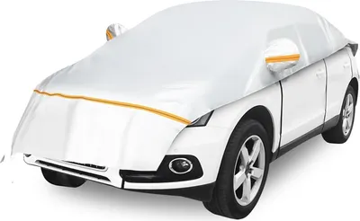 A white car covered with a silver car cover with orange trim.