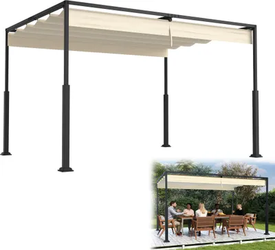 A freestanding pergola with a retractable canopy, shown against a white background.