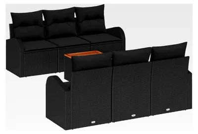 Produktbild von 7-teiliges Garten-Sofa-Set mit Kissen in Schwarz aus Poly Rattan und Akazie für den Außenbereich