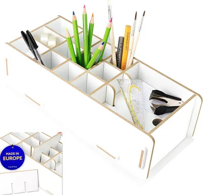 Imagen del producto de Organizador de bolígrafos de madera, color blanco, 14 x 32 cm, portalápices para oficina y niños